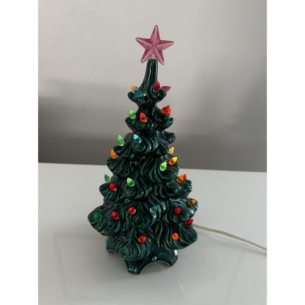 Vintage 70s Atlantic Blow Mold Painted Green Ceramic Christmas Tree 11"